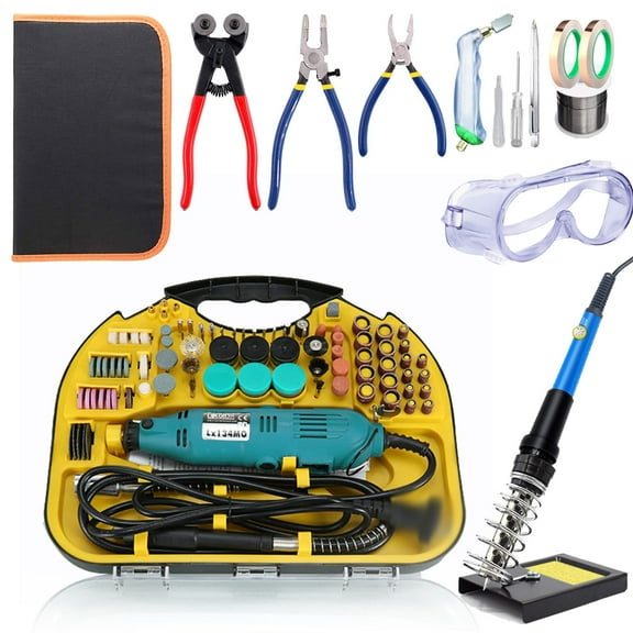Tool Kit Professional Mosaic Tile Glass Tool Kit for Cutting&Grinding,Premium Stained Glass Start Up Kit with Glass Cutter Hand Tools Set&Electric Engraving Tool