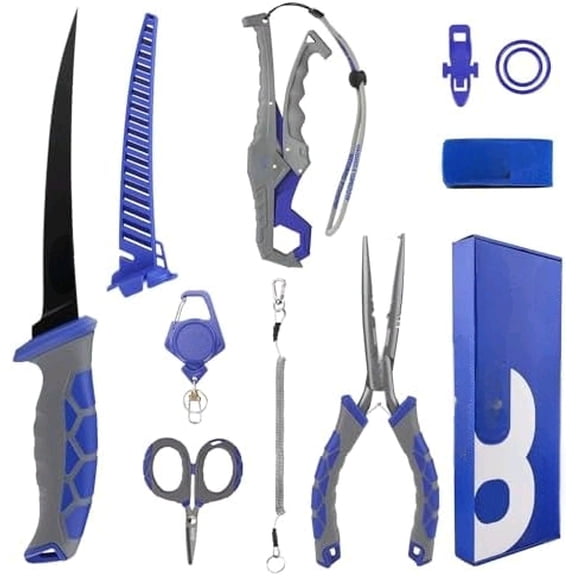 Tool Kit Saltwater: 8pcs Fishing Gear and Equiment - 7 Fillet Knife, Needle Nose Pliers, Fish Gripper, Scissors, Retractor, Rod Strap, Hook Keeper, Lanyard - Fishing Gift for Men, XT02