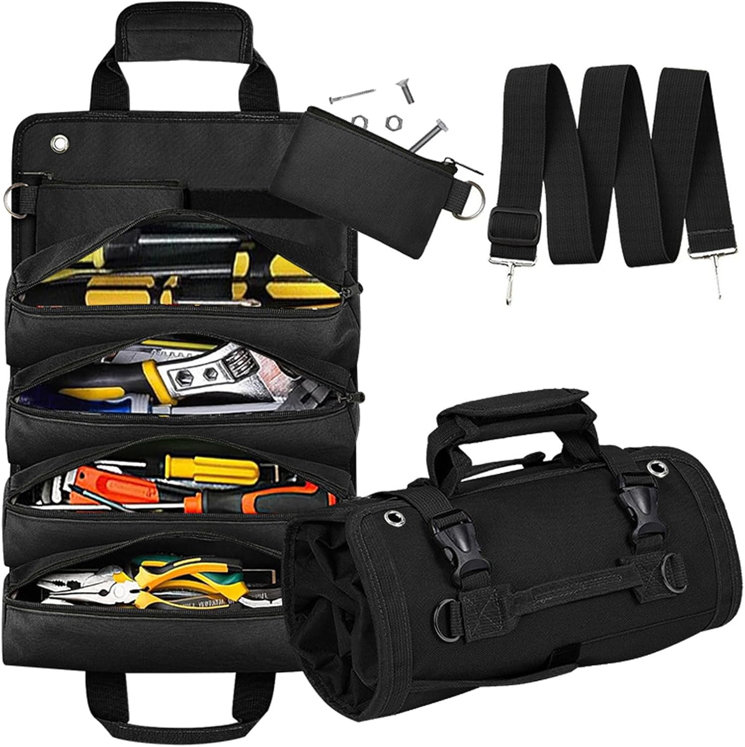 Tool Organizer Bag, Foldable Roll Up Bag Organizer w/ 2 Detachable Pouches, Heavy Duty Tool Storage Organization for Mechanic Carrying Toolbag, Dad Men Birthday Father Day, Gifts for Him (Black)