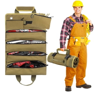 Khaki Canvas Roll-Up Tool Organizer Pouch - 49x29cm Wrench Storage Bag With Pockets, Scratch Resistant
