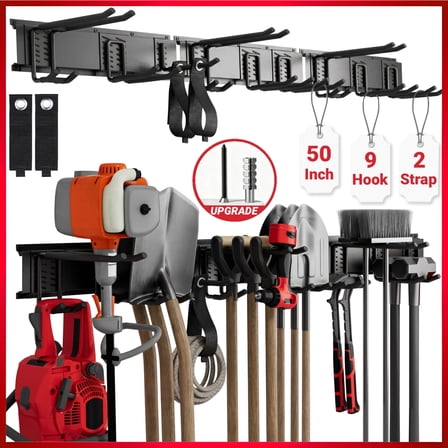 Garage Tool Storage Rack,ENJOYWOOD 50 inch Wall Mount Garage Tool Organizer With 3 Rails,9 Adjustable Hooks,2 Storage Straps and Metal Expansion Screws,Heavy-Duty Garden Tool Rack