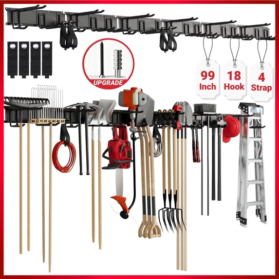 Garage Tool Storage Rack,ENJOYWOOD 99 inch Wall Mount Garage Tool Organizer With 6 Rails,18 Adjustable Hooks,4 Storage Straps and Metal Expansion Screws,Heavy-Duty Garden Tool Rack