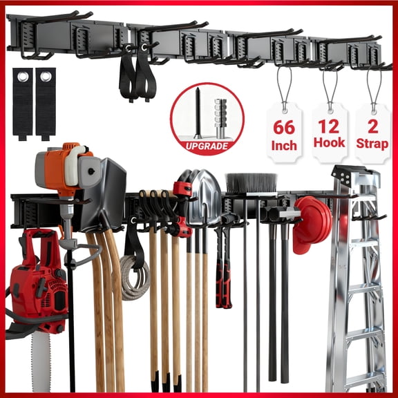 Garage Tool Storage Rack,ENJOYWOOD 66 inch Wall Mount Garage Tool Organizer With 4 Rails,12 Adjustable Hooks,2 Storage Straps and Metal Expansion Screws,Heavy-Duty Garden Tool Rack