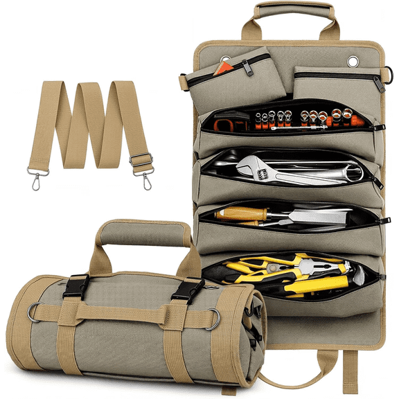 Tool Roll Up Bag, 1680D Heavy Duty Tool Bag Organizer with 2 Detachable Tool Pouches & Multiple Pockets, Waterproof Motorcycle Tool Roll for Mechanic & Electrician, Gift for Men Him Dad, 21.6"*13"