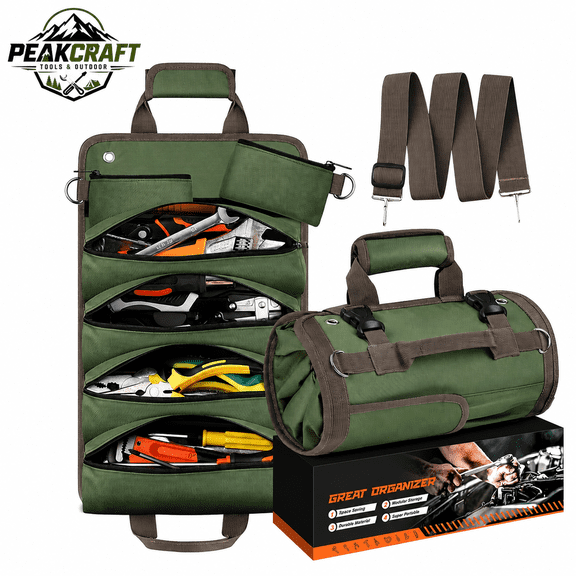 Tool Roll Up Bag with 4 Large Compartments & 2 Detachable Pouches, Heavy Duty Oxford Fabric Tool Organizer, Portable Tool Storage Bag with Shoulder Strap for Mechanics, Electricians, Plumbers