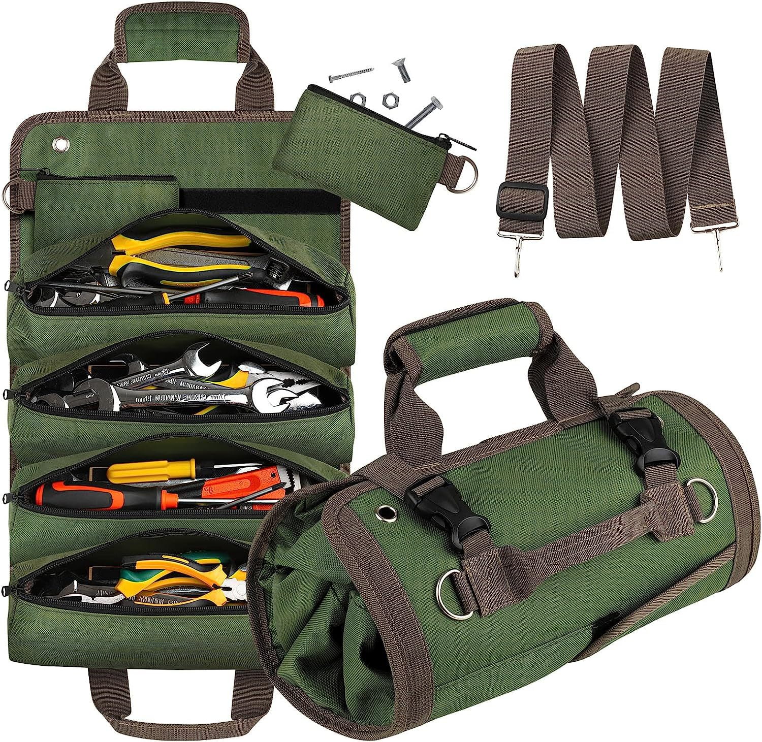 Tool Roll Up Bag, Heavy Duty Tool Organizer For Men Women, Portable Roll Up Tool Bag With 2 Detachable Pouch, Green Tool Storage Kit, Gifts For Dad, F