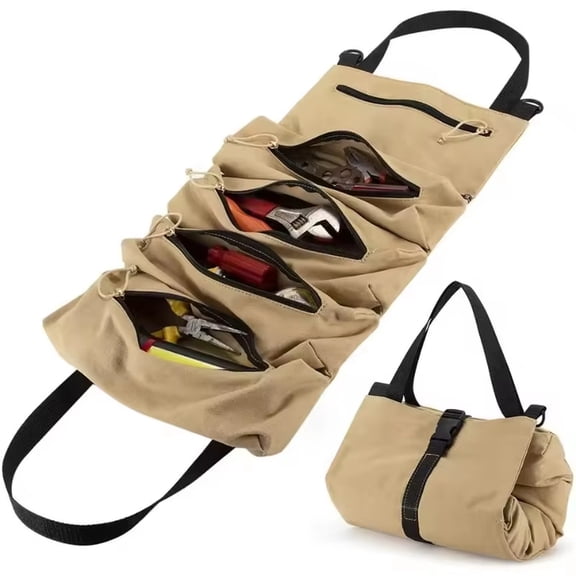 Tool Roll Up Bag,Multi-Purpose Roll Up Tool Bag,Wrench Roll,Canvas Tool Organizer Bucket,Car First Aid Kit Wrap Roll Storage Case,Hanging Tool Zipper Carrier Tote