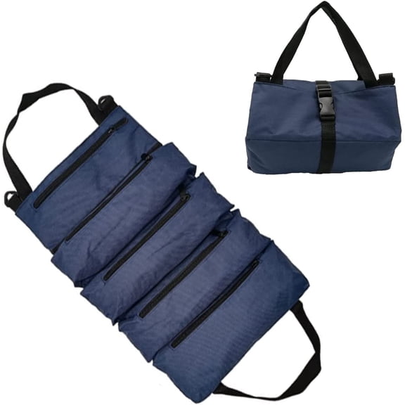 Tool Roll Bag, Multi-Purpose Tool Roll Up Bag, Car Tool Roll Storage Bags with 5 Zipper Pocket Design for Home Car Camping Gear Deep Blue