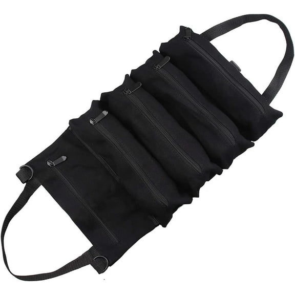 Tool Roll Bag,Roll Up Tool Bag - Essential for Repairs & Workshops,Ideal for Car,Motorcycle and Jeep Enthusiasts,Gift for Men,Featuring 5 Zippered Pockets,Rolling Tool Bag (Black)