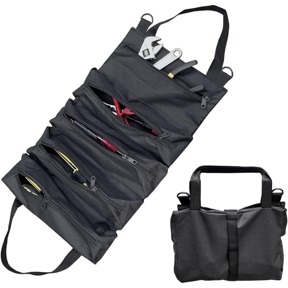 Tool Roll Bag, Roll Up Tool Bag Organizer, 5 Pockets Foldable Roll-Up Tool Box, Heavy Duty Canvas Portable Tool Storage Pouch for Mechanics & Electricians Ideal Gifts for Men, Dads