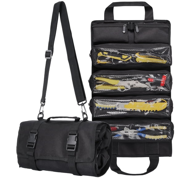 Tool Roll Bag with Removable Pouches, Black Roll Up Tool Organizer for Mechanics