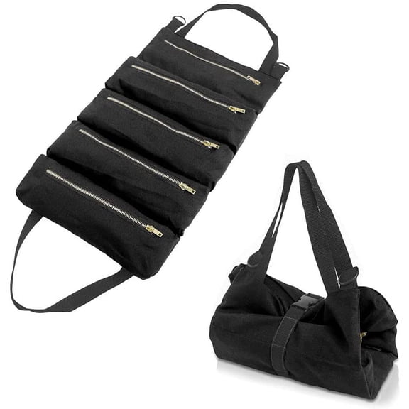 Tool Roll, Multi-Purpose Canvas Tool Roll, Wrench Roll Pouch, Roll Up Tool Bag with 5 Zipper Pockets, Tool Organisers for Car Motorcycle (Black)1pcs