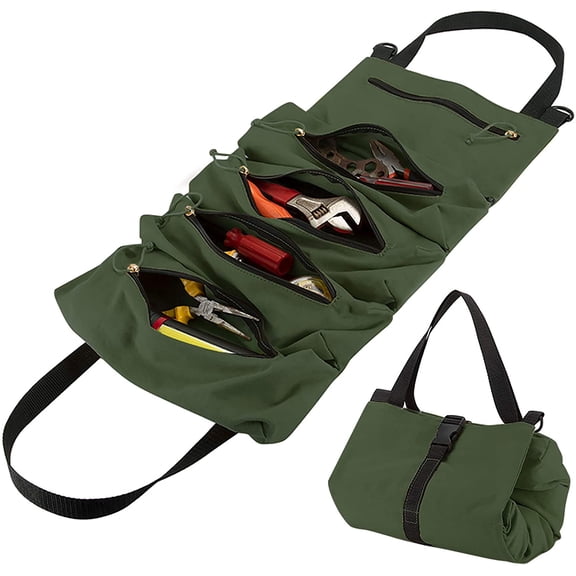 Tool Roll Organizer Bag, Heavy Duty Canvas Tool Storage Pouch with 5 Zipper Pockets for Wrenches, Sockets, Screwdrivers and More
