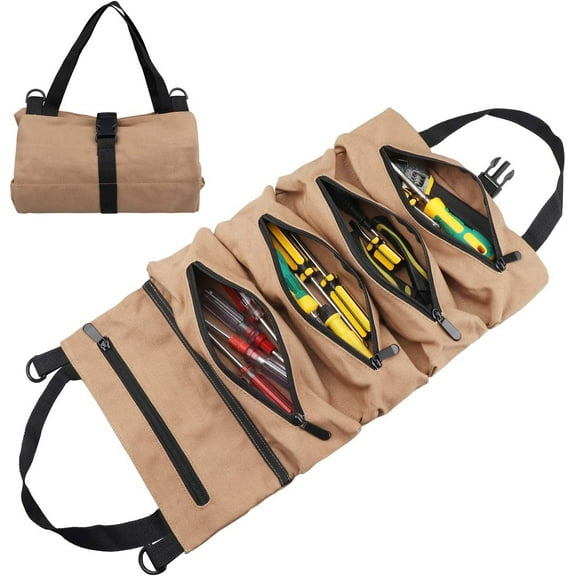 Tool Roll Up Pouch, Multi-Purpose Canvas Wrench Roll Tool Organizer Bag, Car First Aid Kit Wrap Roll Storage Case, Tool Zipper Carrier Tote with 5 Zipper Pockets for Home Car Camping Khaki