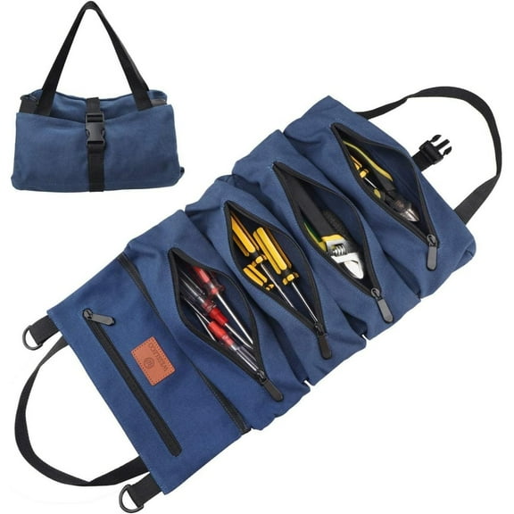 Tool Roll Up Pouch, Tool Roll, 16OZ Canvas Multi-Purpose Wrench Roll Up Bag, Tool Roll Organizer, 5 Zipper Tool Pockets Electricians Tool Roll Pouch, Hanging Tool Zipper Carrier Tote