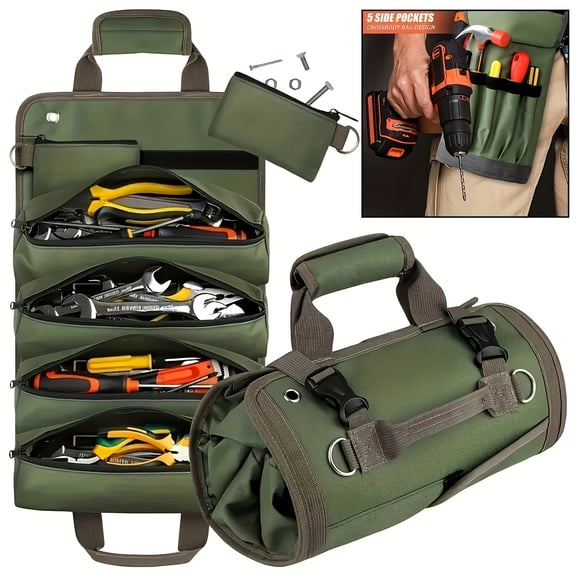 Tool Roll, Rolling Tool Bag With Detachable Pouches, Heavy Duty Roll Up Tool Bag, Carpenter Tool Bag, Tool Roll Organizer For Mechanic, Electrician & Hobbyist, Motorcycle, Truck (Green)