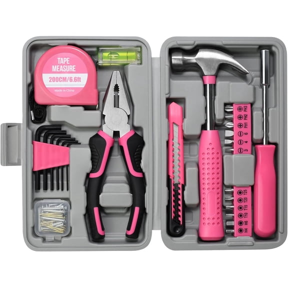 Tool Set 25pc Pink Household DIY Tool Kit for Women,Small Mini Tool Box for Easy of Carrying, Starter Basic Ladies Tools Perfect for DIY, Home Maintenance