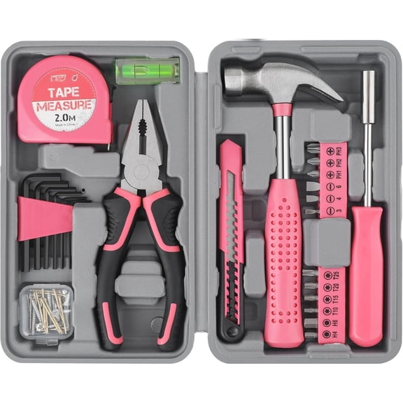 Tool Set 25pc Pink Household DIY Tool Kit for Women. Small Mini Tool Box Set of Starter Basic Ladies Tools