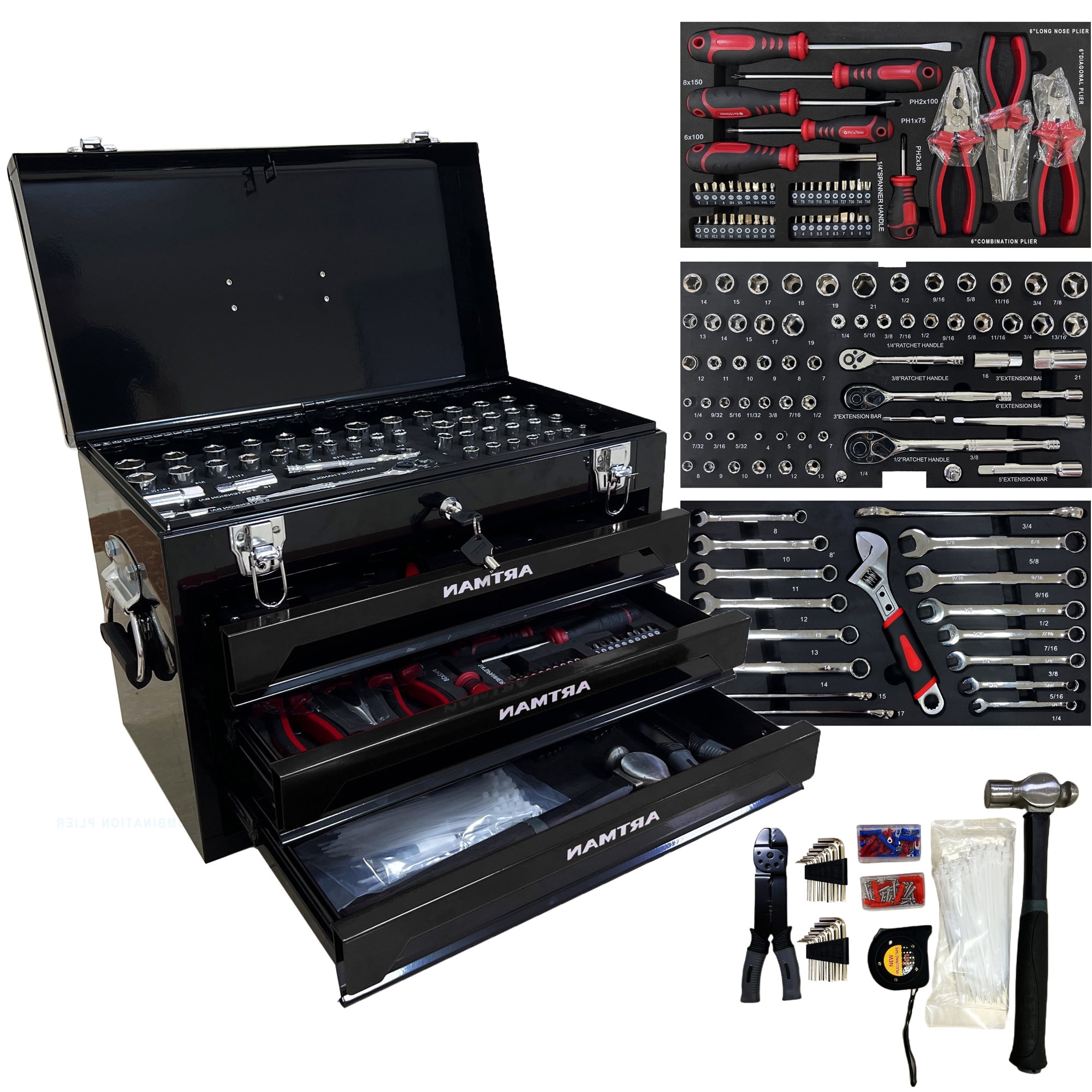 NIGSQJB Tool Set 439pcs with 3 Drawers Tool Box Organizer, Mechanic Tool Sets for Home, Toolbox 4-Tier Socket Wrench Ratchet Plier Nails, Home Tool Kits for Adults Man Handyman, Black