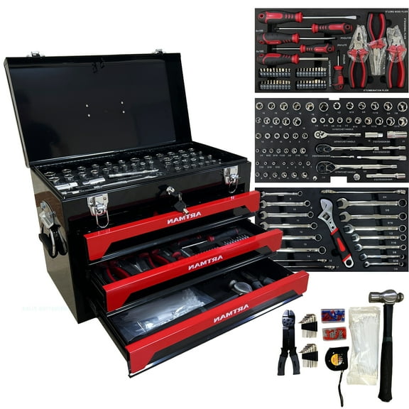 NIGSQJB Tool Set 439pcs with 3 Drawers Tool Box Organizer, Mechanic Tool Set for Home, Tool Box Set 4-Tier Socket Wrench Ratchet Plier Nails, Home Tool Set Mechanics Kit for Adults Man Handyman, Red