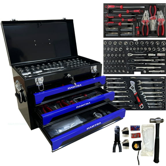 NIGSQJB Tool Set 439pcs with 3 Drawers Tool Box Organizer, Mechanic Tool Set for Home, Tool Box Set 4-Tier Socket Wrench Ratchet Plier Nails, Home Tool Set Mechanics Kit for Adults Man Handyman, Blue