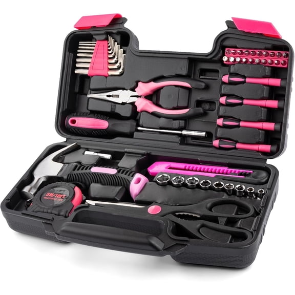 Tool Set 49PCS, Small Tool Kit, All Purpose Small General Household Tool Box for Home/Office/College Repair, DIY, Ideal Gift Choice, Pink