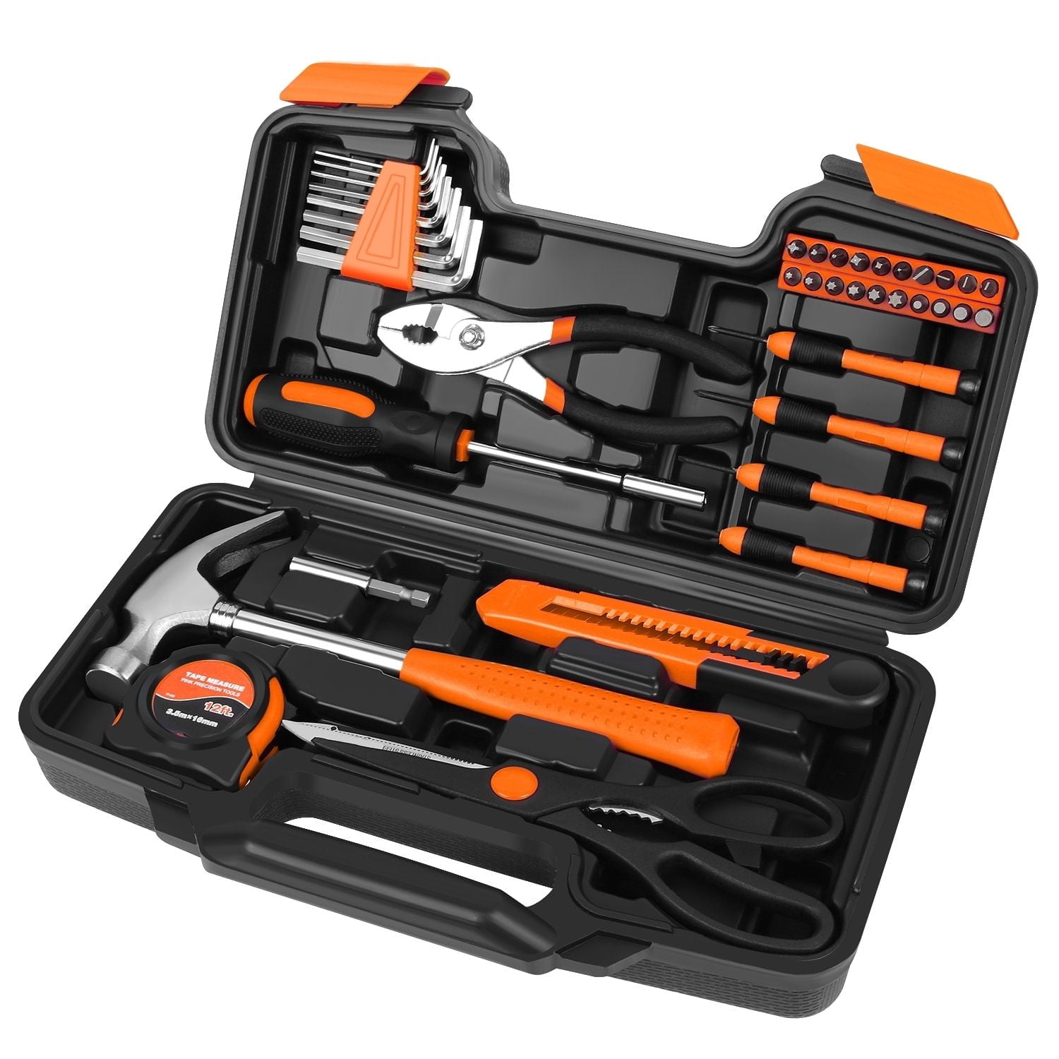 Tool Set Box - Hand Tool Kit & Accessories For General Household DIY Home Repair with Plastic Toolbox Storage Organizer Case - Homeowner's Tool Kit (Orange & Black)