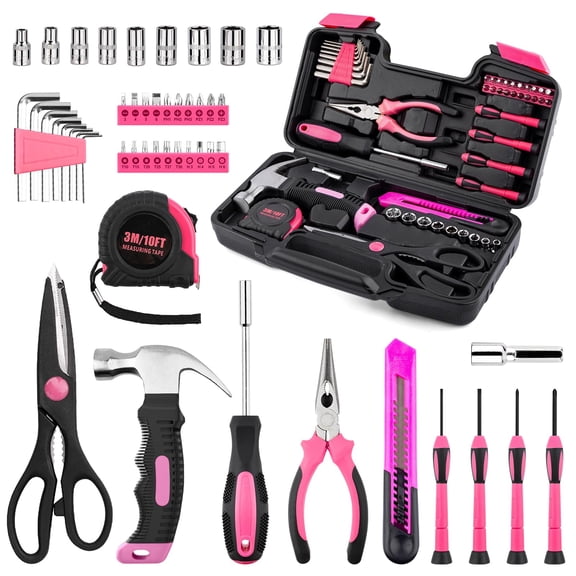 Tool Set, Mini Tool Kit, 49-Piece Household Pink Small Basic Home, Tool Set with Plastic Toolbox Tool Kit for Dorm, Great for Women,College Students, Household Use & More