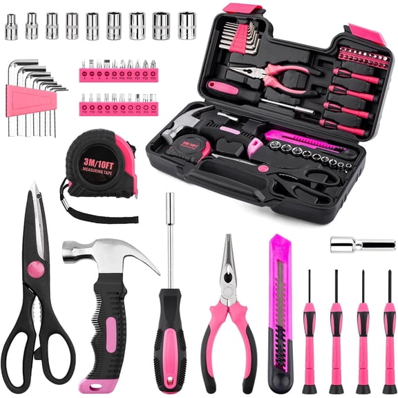 Tool Set, Mini Tool Kit, 49-Piece Household Pink Small Basic Home, Tool Set with Plastic Toolbox Tool Kit for Dorm, Great for Women,College Students, Household Use & More