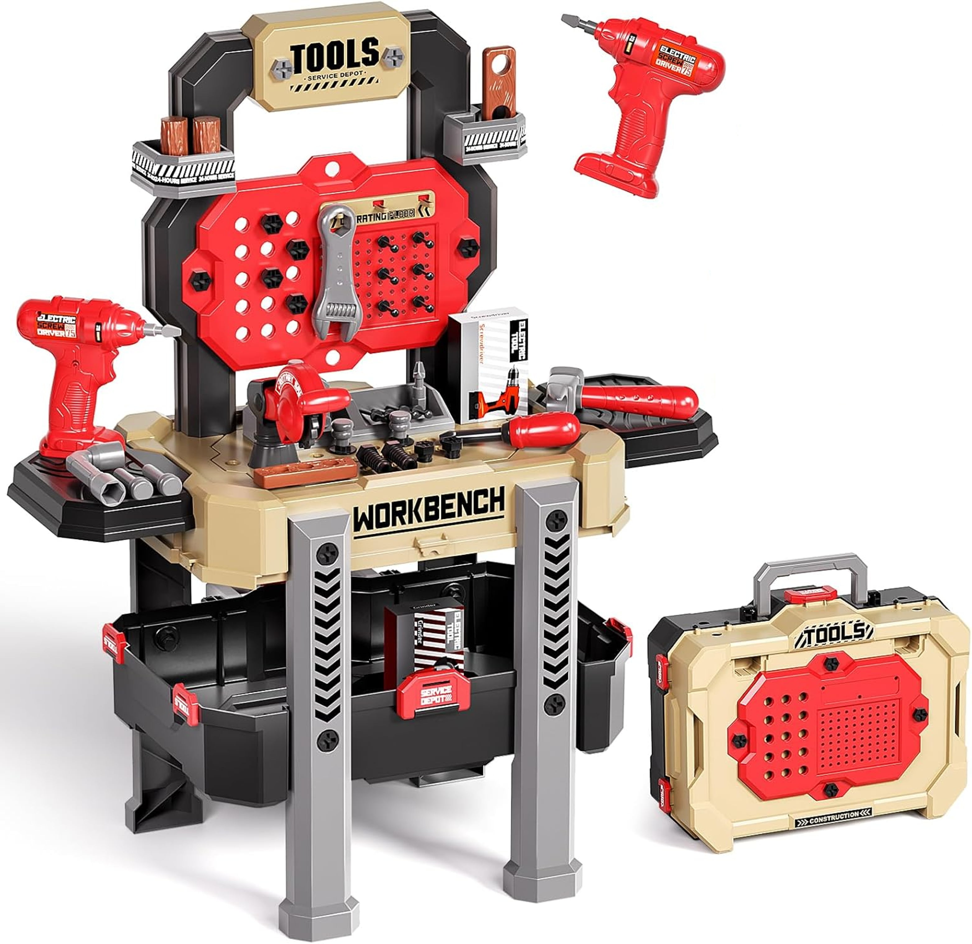 Work Bench with Tools, Electric Drill, Rotary Saw for Kids 78