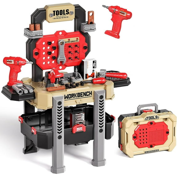 Mundo Toys Kids Tool Workbench Set 78-Piece, 2-in-1 Toolbox, Toy Drill & Saw, Ages 3+, Red