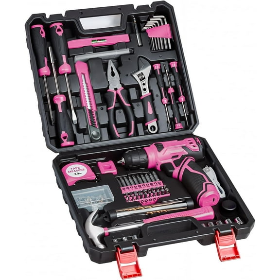 Tool Set - Tool Kit with 8V Cordless Drill, 132 Piece Tool Box with Drill, Home Tool Kits for Men & Women, Hand Drill Set Perfect for Homeowner, Diyer, Handyman - Red