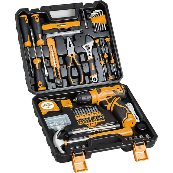 Tool Set - Tool Kit with 8V Cordless Drill, 132 Piece Tool Box with Drill, Home Tool Kits for Men & Women, Hand Drill Set Perfect for Homeowner, Diyer, Handyman-Yellow