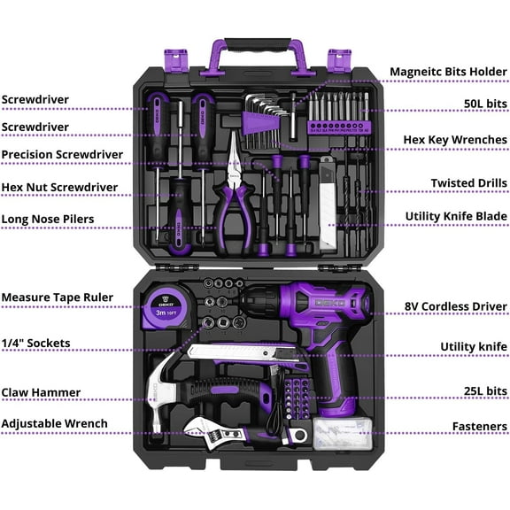 Tool Set: Tool Kit with 8V Cordless Drill, Hand Toolbox with storage case, Tool set for Home Repairs 126 Piece,