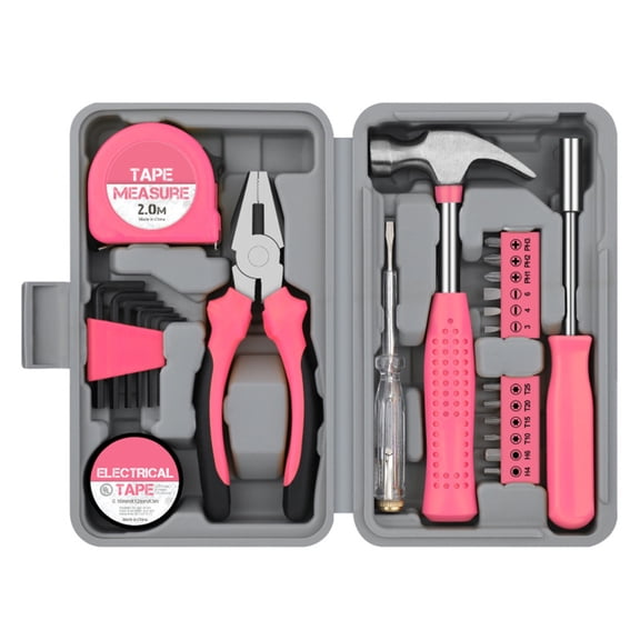 Tool Set for Home Car Maintenance, Pink Hardware Kit with Pliers Tape Measure, Household Toolbox for DIY