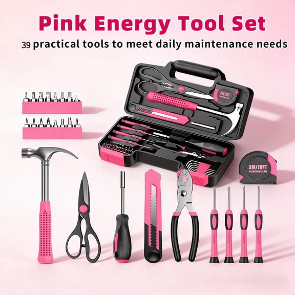 Tool Set with CR-V Hand Tools, 13 Piece Pink Home Repair Kit for Dorm, Office DIY