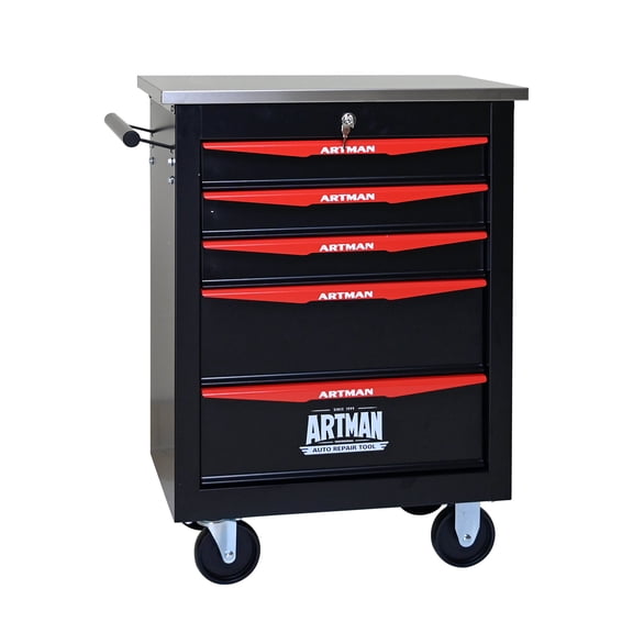 Tool Storage Cabinet 5 Drawers Multifunctional Tool Cart with Wheels,Metal Rolling Tool Cart Storage for Garage Workshop Warehouse Repair Shop--With Stainless Steel Roof- BLACK&RED,Tool Cabinet