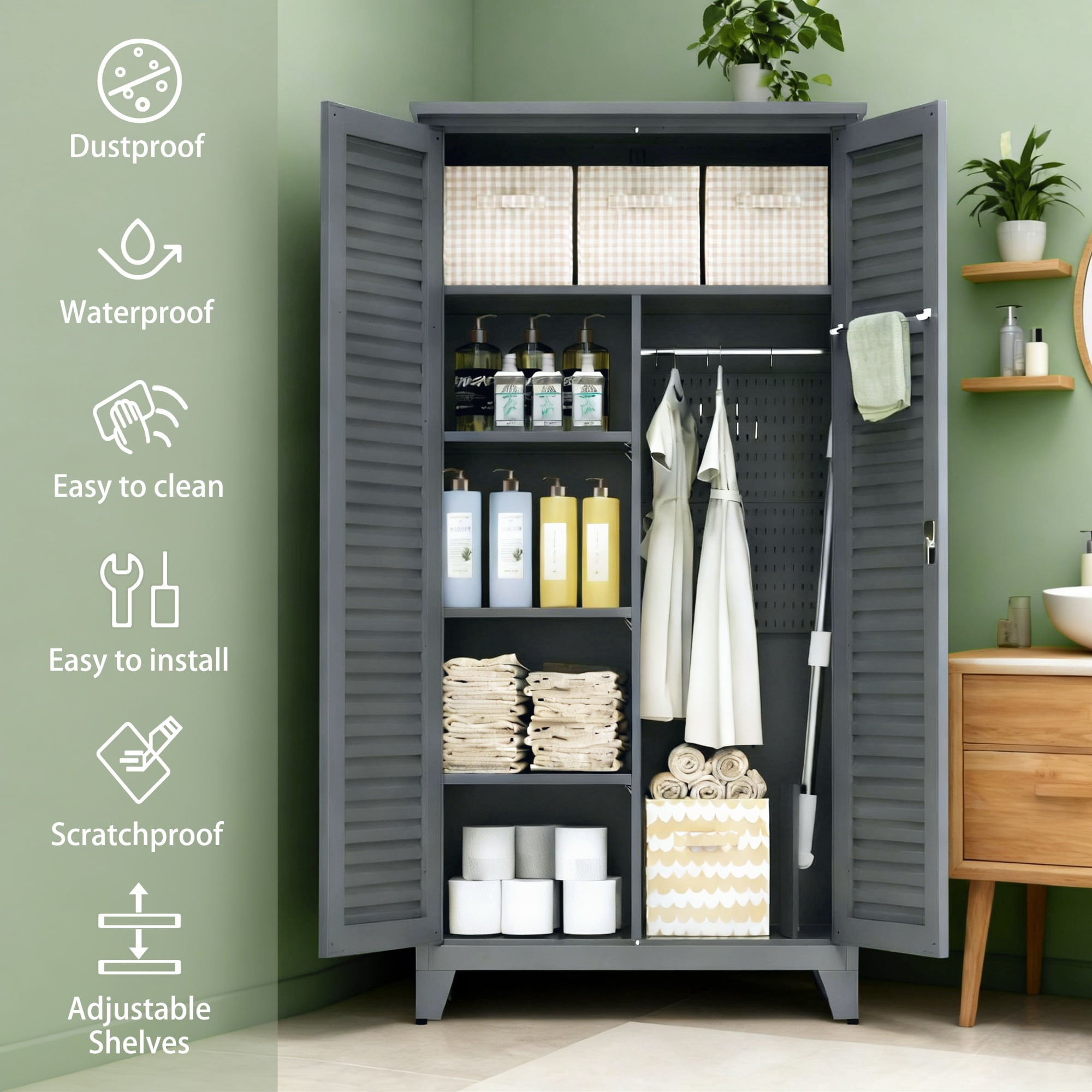 Tool Storage Cabinet 73 Inch, Tall Metal Garage Cabinet with Shelves and Pegboard, Workshop Organizer for Warehouse and Garden, Slate
