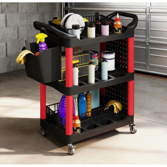Tool Storage Cart 200 LBS Capacity Plastic Utility Cart with Side Shelf and Storage Bucket,Rolling Tool Cart,Rolling Tool Cart