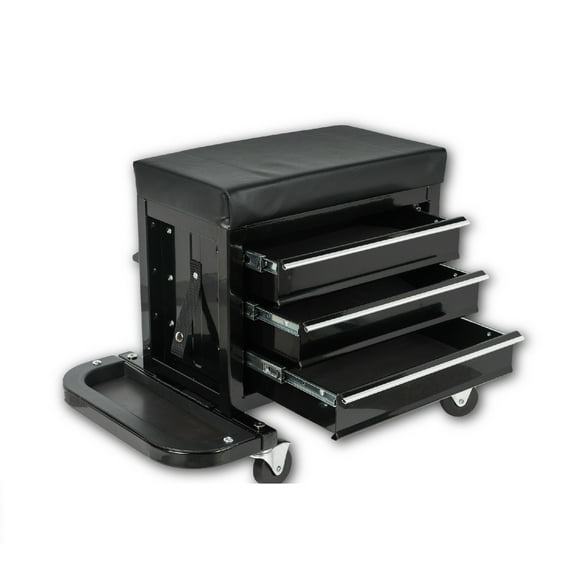 Tool Storage Cart 3-Drawer Tool Chest Rolling Mechanic Seat with Tool Trays,350lbs Max Weight Capacity,Black,Tool Cart