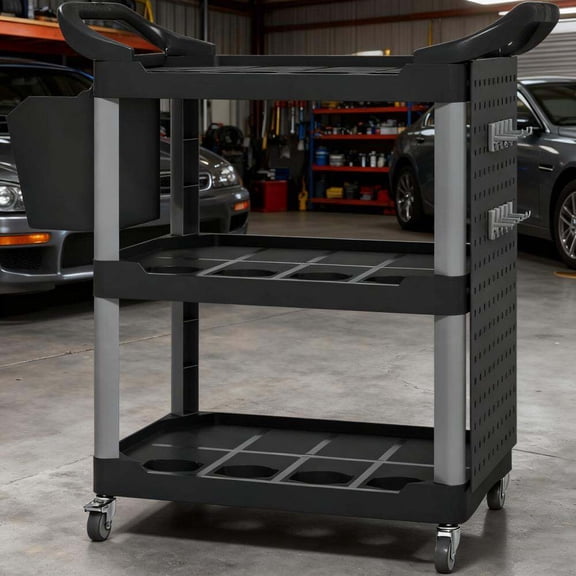 Tool Storage Cart 3-Tier Rolling Tool Cart,Capacity Plastic Utility Cart with Side Shelf and Bucket,Rolling Tool Cart