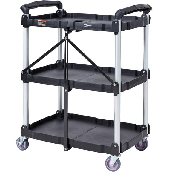 Tool Storage Cart Foldable Utility Service Cart, 3 Shelf 165LBS Heavy Duty Plastic Rolling Cart with Lockable Wheels, Ergonomic Handle, Portable Garage Tool Cart for Warehouse/Office/Home(25.62"x15.4