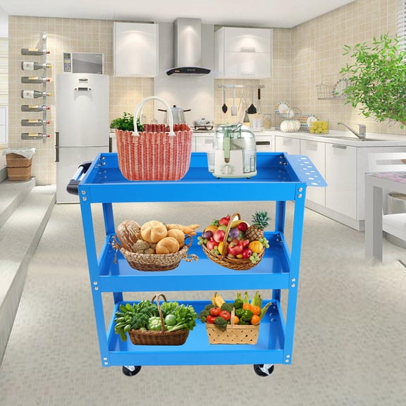 Tool Storage Cart Tool Cart on Wheels, 3 Tier Rolling Mechanic Tool Cart, Heavy Duty Steel Utility Cart w/Lockable Wheels, 450 LBS Capacity Industrial Service Cart for Garage, Warehouse, Workshop (bl