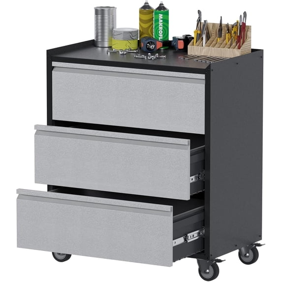 Tool Storage Garage Cabinet with Wheels, 3 Drawer Tool Chest Rolling Metal Storage Cabinet on Wheels, Assembly Required, Black/Gray