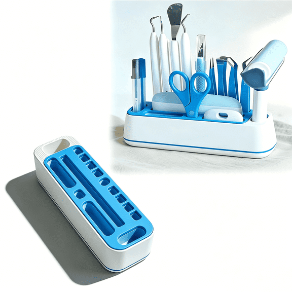 Tool Storage Rack for Cricut Maker, Craft Organization Box with Pen Blade Compartments for Cutting Machine Workspace Accessories, Blue