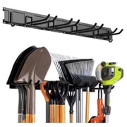 Tool Storage Rack with 6 Assorted Hooks and Large Mesh Basket for Sports Gear, Utilities -Wall Mount Garage Storage Organizer