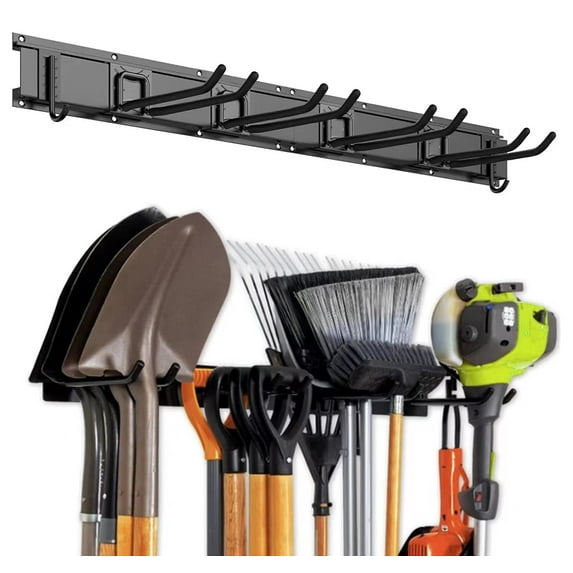 Tool Storage Rack with 6 Assorted Hooks and Large Mesh Basket for Sports Gear, Utilities -Wall Mount Garage Storage Organizer