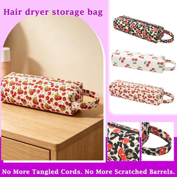 Tool Travel Organizer, Cherry Printed Corduroy Large Capacity Waterproof Storage Bag, 14X5X3 Inch Zippered Carrying Pouch for Dryer Flat Iron Curling Wand, Red Multi-Purpose
