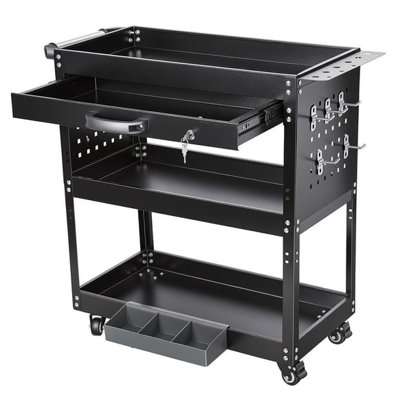 Tool Trolley 3 Tier Rolling, Workshop Storage Cart with Lockable Drawer, 331LB Load, Cold Rolled Steel, for Warehouse Garage, 31 x 14 x 31 Inch