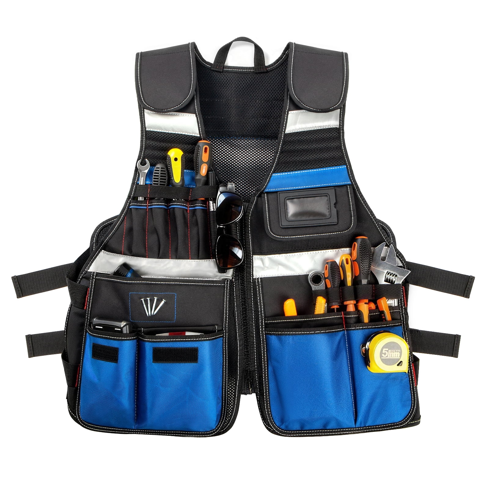 Tool Vest, Electrician Tool Vest for Men, 22 Compartments, Reflective Workwear with Adjustable Waist & Upgraded Comfortable Neck Opening, Blue